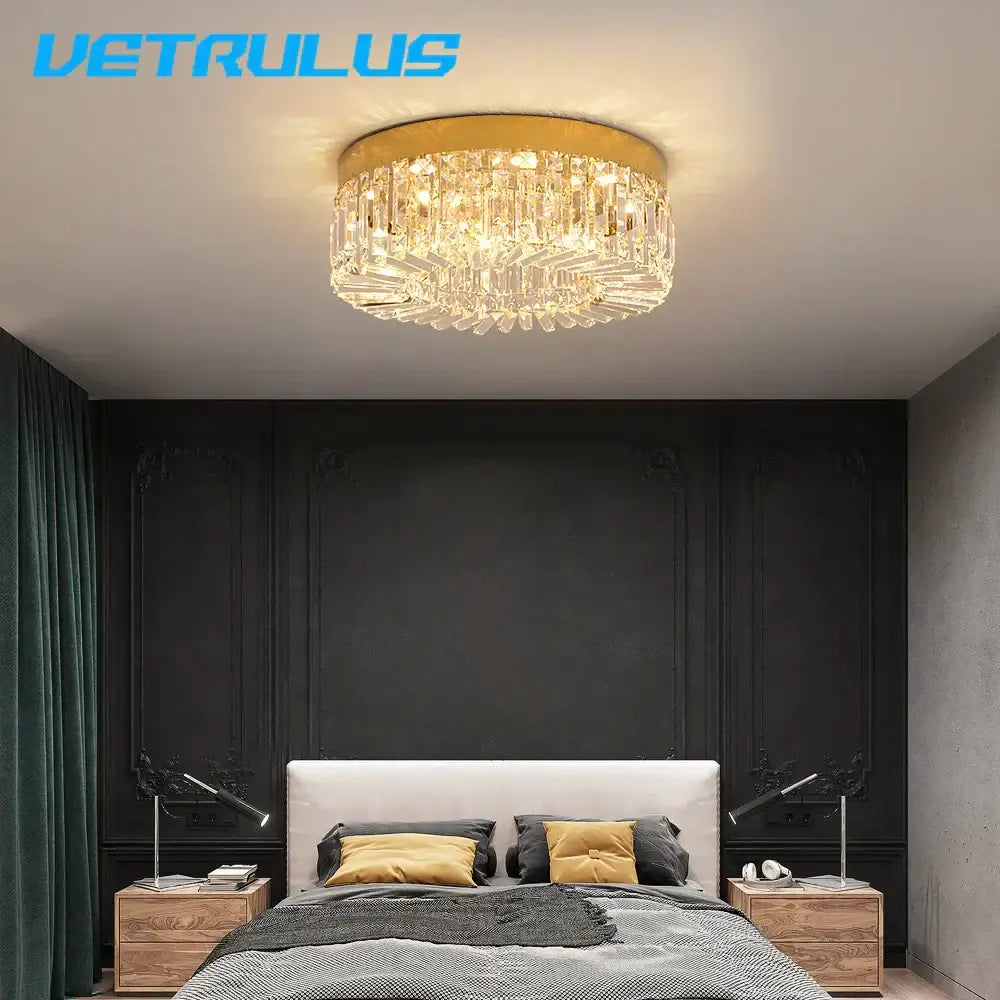 Modern gold decorbites crystal ceiling chandelier with clear crystal prisms for dining room lighting