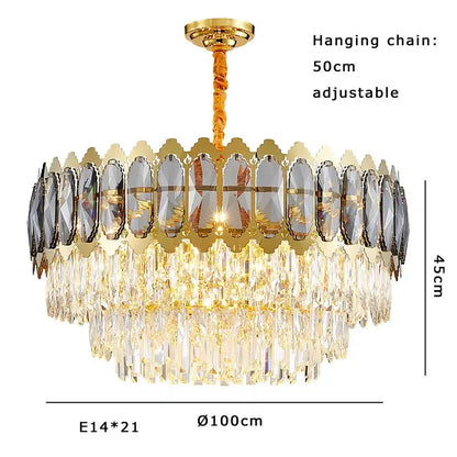 Modern gold decorbites crystal ceiling chandelier with circular frame and cascading clear teardrop crystals for living room