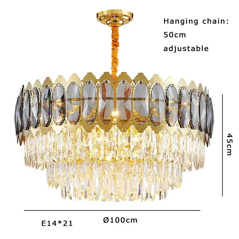 Modern gold decorbites crystal ceiling chandelier with circular frame and cascading clear teardrop crystals for living room