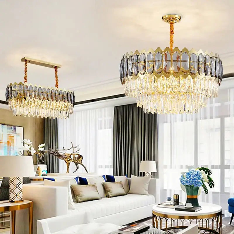 Modern gold decorbites crystal ceiling chandelier with cascading droplets and dark-tinted glass for living room