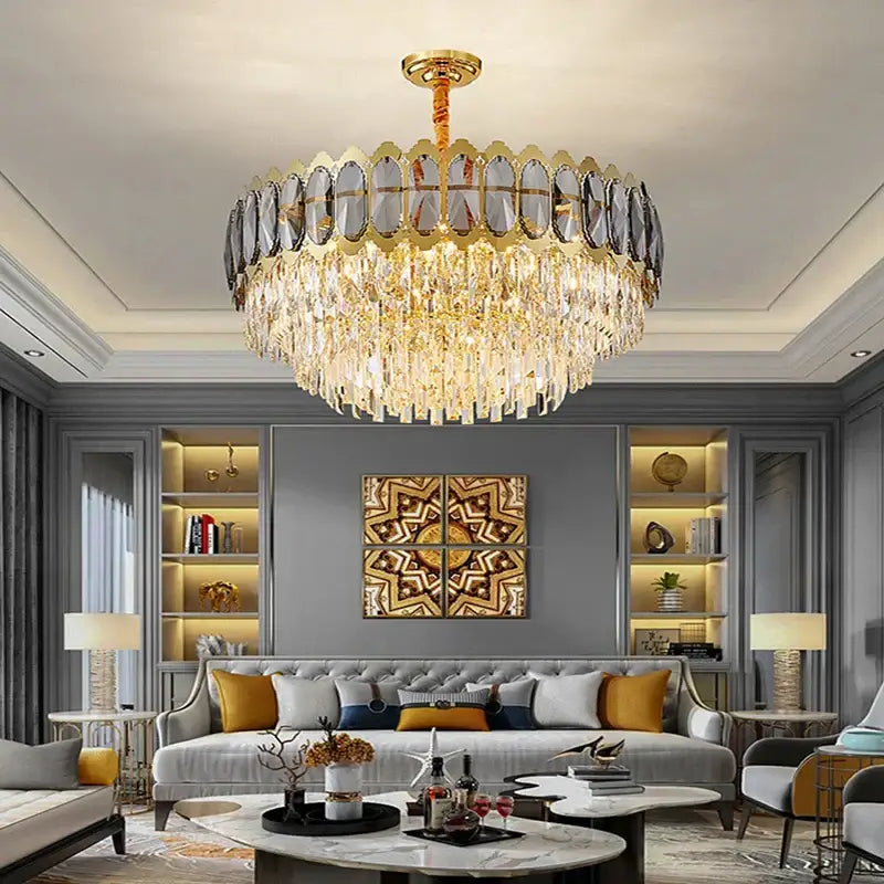 Modern gold decorbites crystal ceiling chandelier with cascading crystal droplets and glass panels for living room