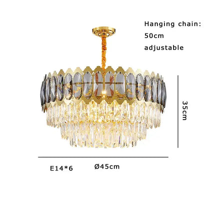 Modern gold decorbites crystal ceiling chandelier with multi-tier clear and smoky crystals and 50cm adjustable chain for living room