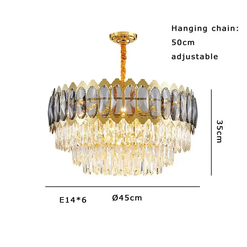 Modern gold decorbites crystal ceiling chandelier with multi-tier clear and smoky crystals and 50cm adjustable chain for living room