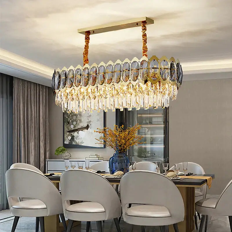Modern gold decorbites crystal ceiling chandelier with oval crystal panels and cascading glass prisms for living room decor