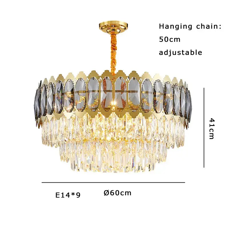 Modern gold decorbites crystal ceiling chandelier with circular frame and cascading clear crystal droplets for living room