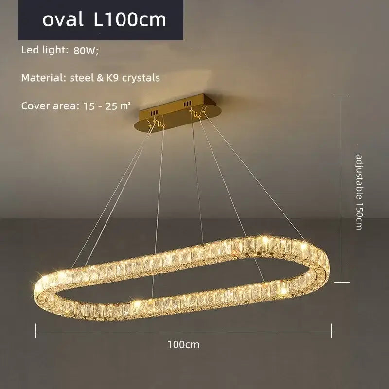 Modern gold decorbites crystal ceiling oval chandelier with steel frame and k9 crystals, illuminated by 80w led light
