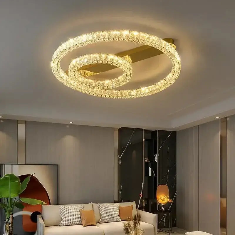 Modern gold decorbites crystal ceiling chandelier with two interlocking rings for elegant living room lighting