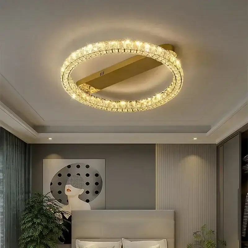 Modern gold decorbites crystal ceiling chandelier with double-ring design and crystal accents for living room lighting