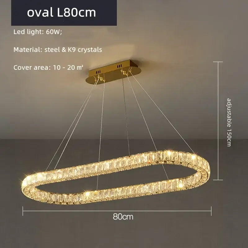 Modern gold decorbites crystal ceiling chandelier with gold-toned oval design, steel frame, k9 crystals, and 150cm adjustable height