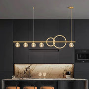 Modern gold decorbites crystal chandelier pendant light with five crystal globe bulbs and intersecting circular design