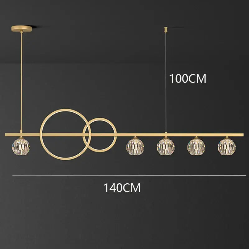 Modern gold decorbites crystal chandelier with intersecting circular rings and five faceted crystal globe pendants for dining room