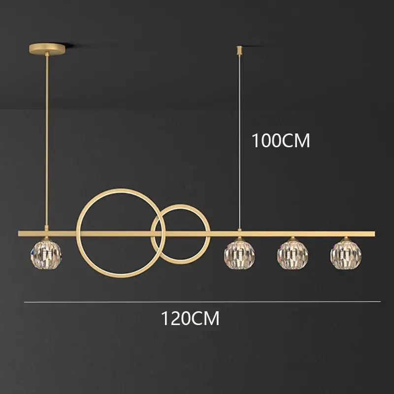 Modern gold decorbites crystal chandelier pendant light with intersecting rings and four crystal globe shades for dining room