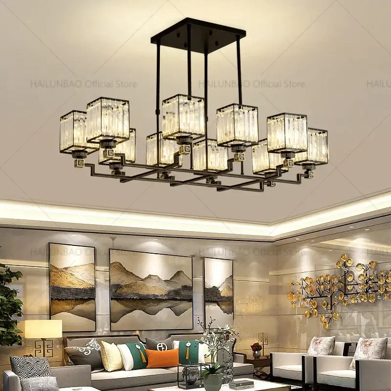 Modern gold decorbites crystal chandelier with black metal frame and clear rectangular shades for living room decor