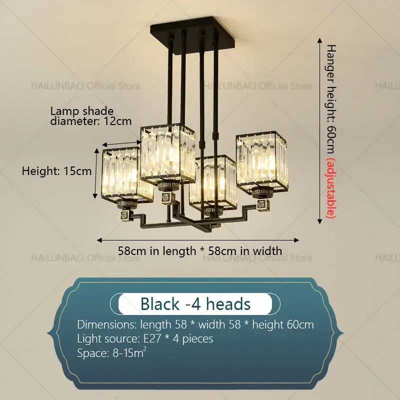 Modern black metal decorbites crystal chandelier with four crystal-encased light heads for living room decor
