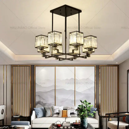 Black metal decorbites crystal chandelier with intricate geometric design and crystal glass shades for living room