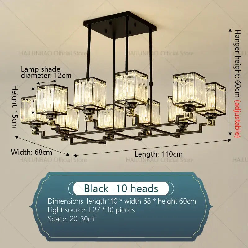 Black decorbites crystal chandelier with ten crystal cube shades and a sleek metal frame for living room decor