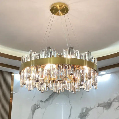 Modern gold decorbites crystal chandelier with cascading clear crystal prisms for living room lighting