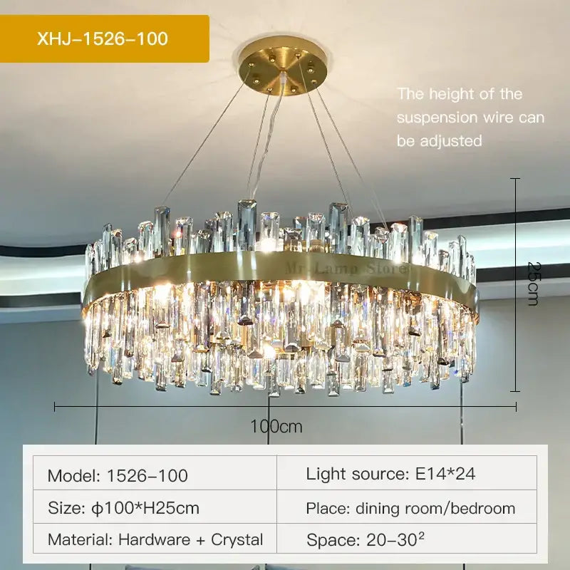A modern gold-toned decorbites crystal chandelier with circular frame and cascading clear prisms for living room