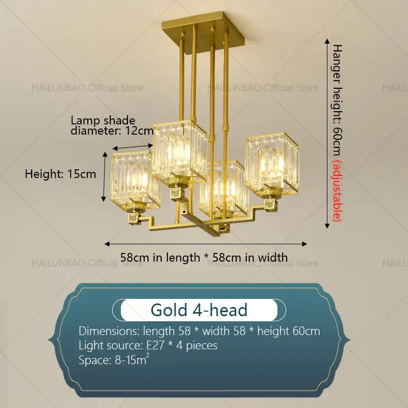 Modern gold decorbites crystal chandelier with four clear crystal lampshades and adjustable hanging height for living room