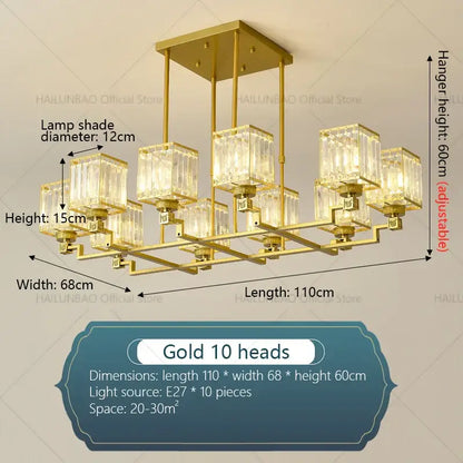 Modern gold decorbites crystal chandelier with ten clear crystal lampshades in a rectangular grid for living room use