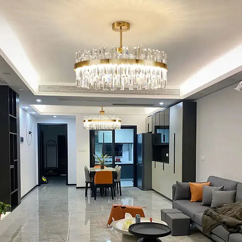 Modern gold decorbites crystal chandelier with cascading clear crystal prisms for living room and dining room use