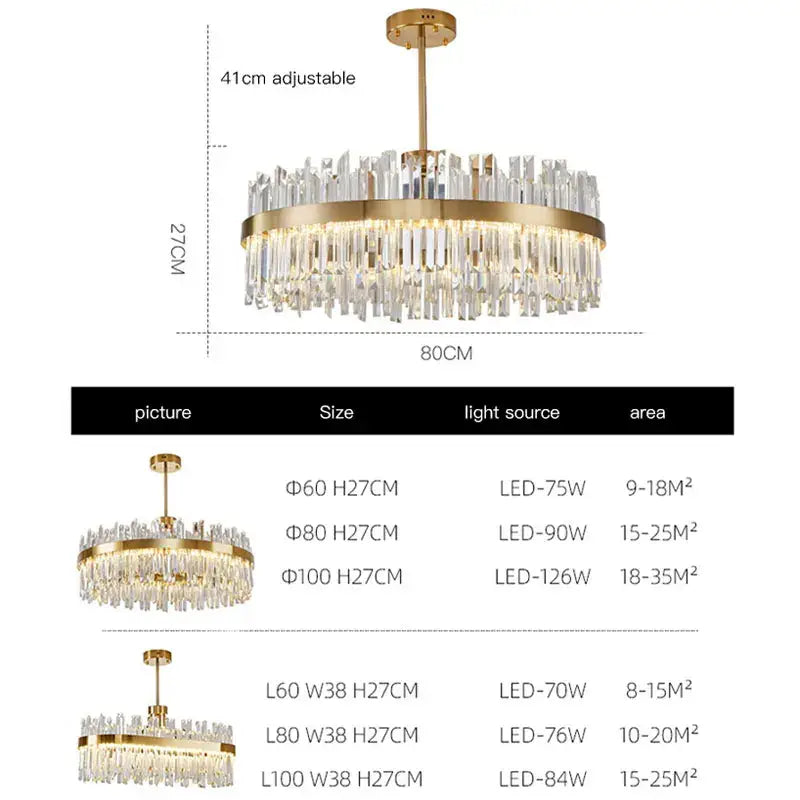 Modern gold decorbites crystal chandelier featuring circular frame with dangling crystal rods for living and dining rooms