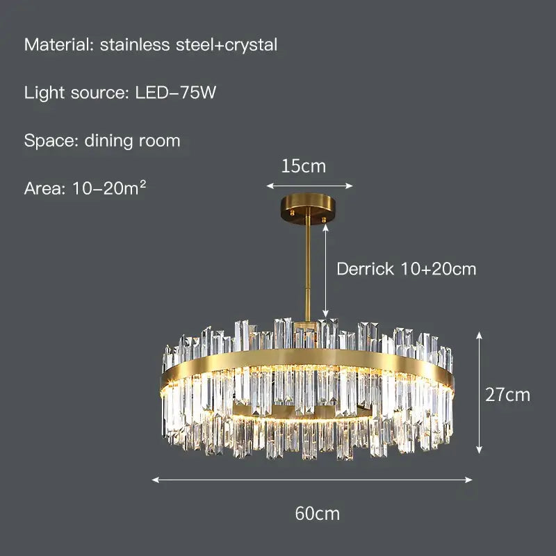 Modern gold decorbites crystal chandelier with cascading crystal prisms and stainless steel accents for living room