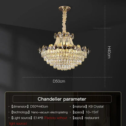 Elegant gold decorbites crystal chandelier with cascading k9 crystals designed for luxurious living rooms and dining spaces