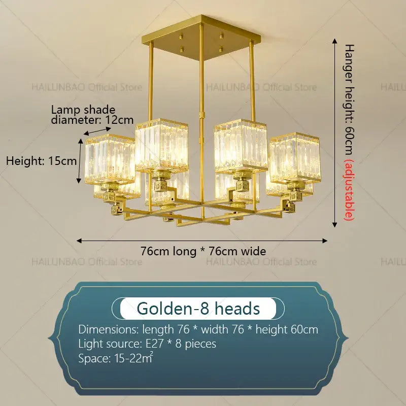 Modern gold decorbites crystal chandelier with eight crystal lampshades and brass frame for living room lighting