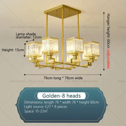 Modern gold decorbites crystal chandelier with eight crystal lampshades and brass frame for living room lighting