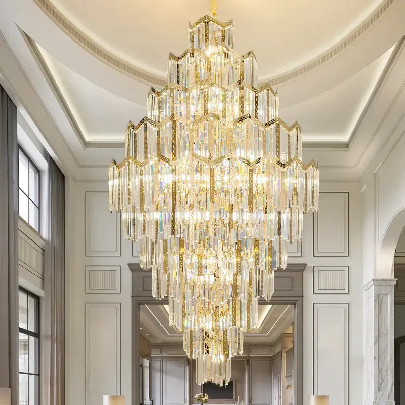 Modern gold decorbites crystal chandelier with cascading clear prisms for living room and loft spaces