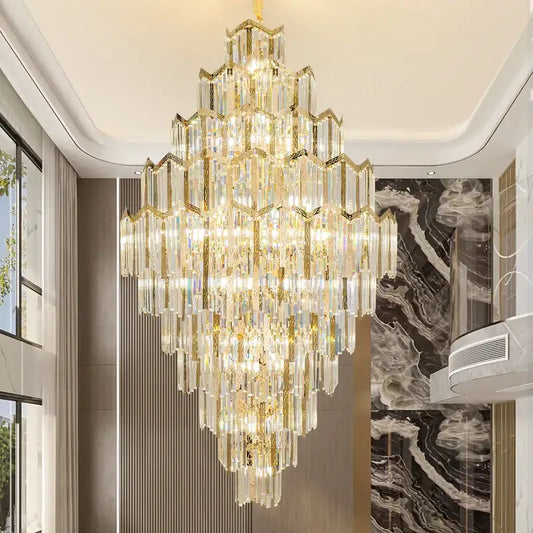 Modern gold decorbites crystal chandelier with multi-tiered clear glass prisms for living room loft lighting