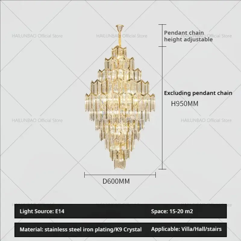 Modern gold decorbites crystal chandelier with gold plated stainless steel and cascading k9 crystal tiers for living room loft