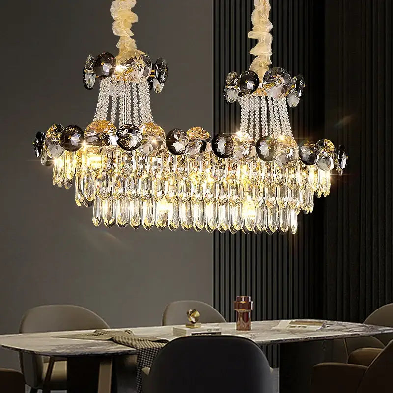 Modern gold decorbites crystal chandelier with two tiers of cascading teardrop crystals for living room lighting