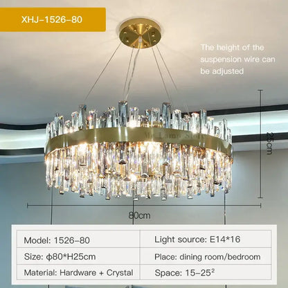 Modern gold decorbites crystal chandelier with cascading clear crystal rods and circular brass frame for living room