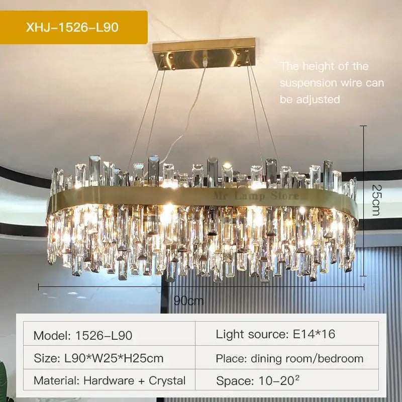 Modern gold decorbites crystal chandelier with cascading clear crystal prisms and sleek metallic frame for living room