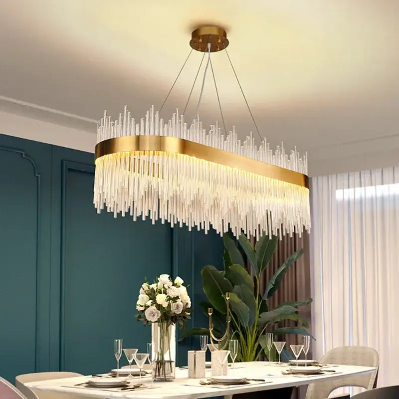 Modern gold decorbites crystal chandelier with cascading clear glass rods for living room luxury lighting