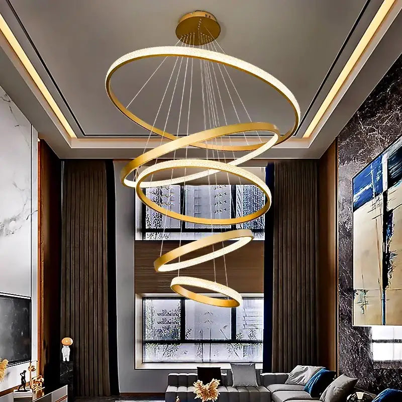 Modern gold decorbites crystal chandelier with golden spiral design and embedded led lighting for living room staircase