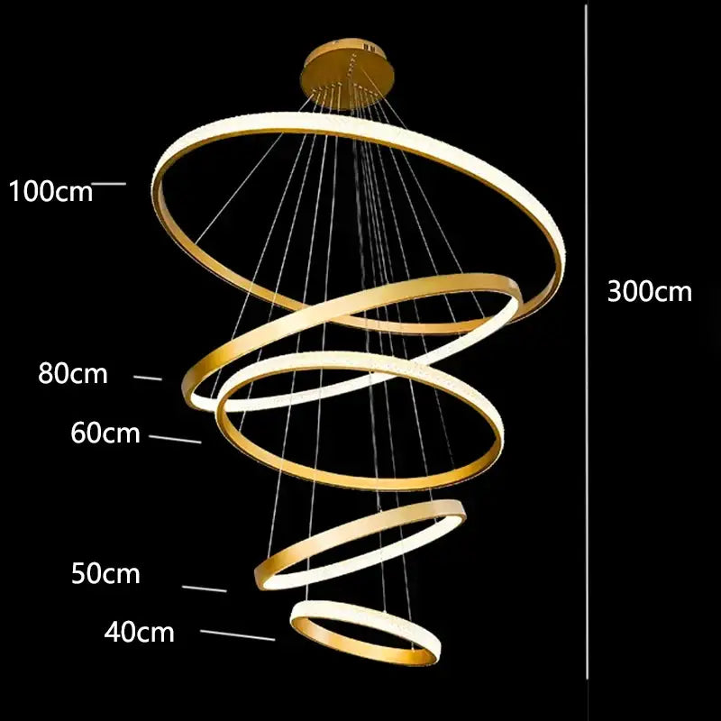 Modern gold decorbites crystal chandelier with gold-toned spiral rings and integrated led lighting for living room use