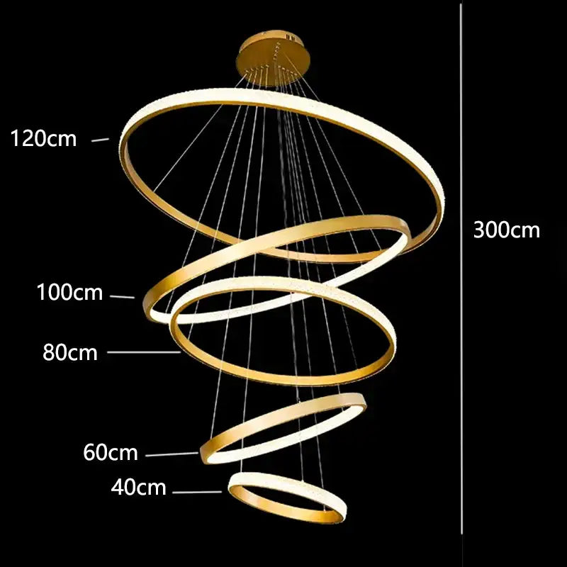 Modern gold decorbites crystal chandelier with five illuminated spiral rings for staircase or living room lighting