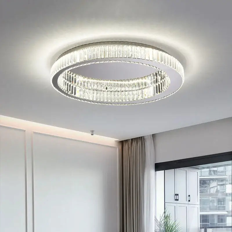 Modern gold decorbites crystal circle ceiling chandelier with two concentric rings of clear faceted crystals in silver frame