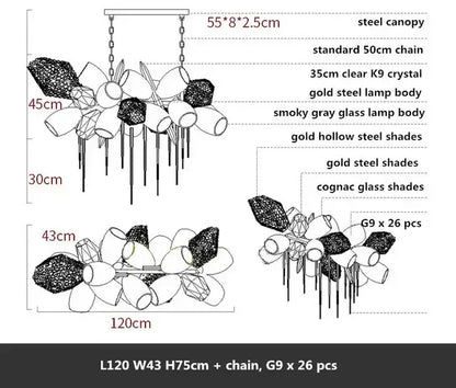 A modern gold decorbites crystal duplex chandelier with steel canopy, gold hollow steel, and cognac glass shades for living room