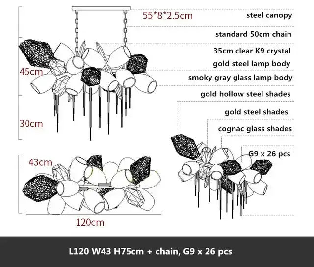 A modern gold decorbites crystal duplex chandelier with steel canopy, gold hollow steel, and cognac glass shades for living room