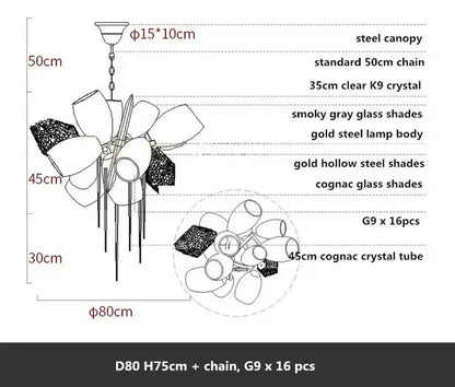 Modern gold decorbites crystal duplex chandelier with gold steel body and cognac crystal tubes floral design for living room