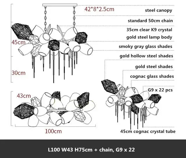 Modern gold decorbites crystal duplex chandelier with smoked gray and cognac glass shades and k9 crystal accents for living room