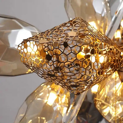 Modern gold decorbites crystal duplex chandelier component featuring golden honeycomb metal and faceted crystal accents