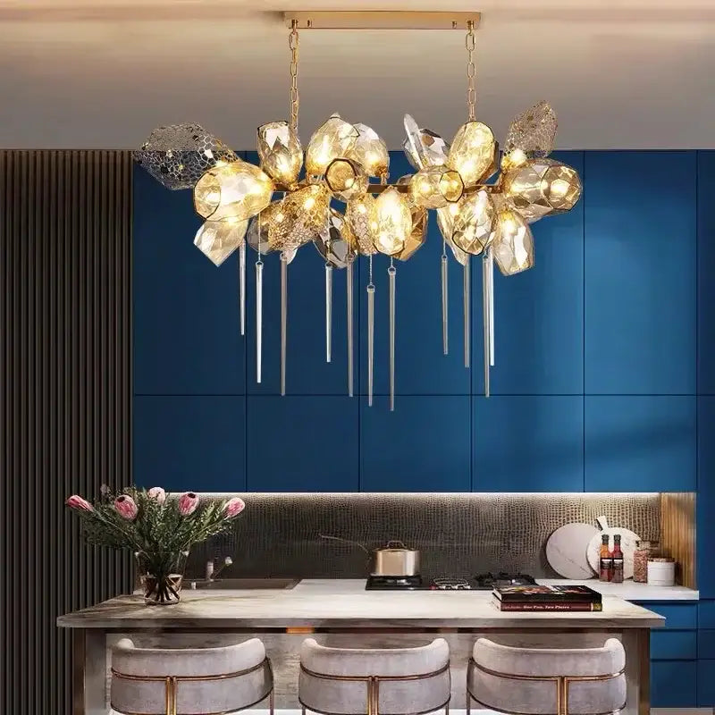 Modern gold decorbites crystal duplex chandelier with dangling glass rods for elegant living room lighting