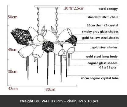 Modern gold decorbites crystal duplex chandelier with steel canopy and smoky glass shades for living room lighting