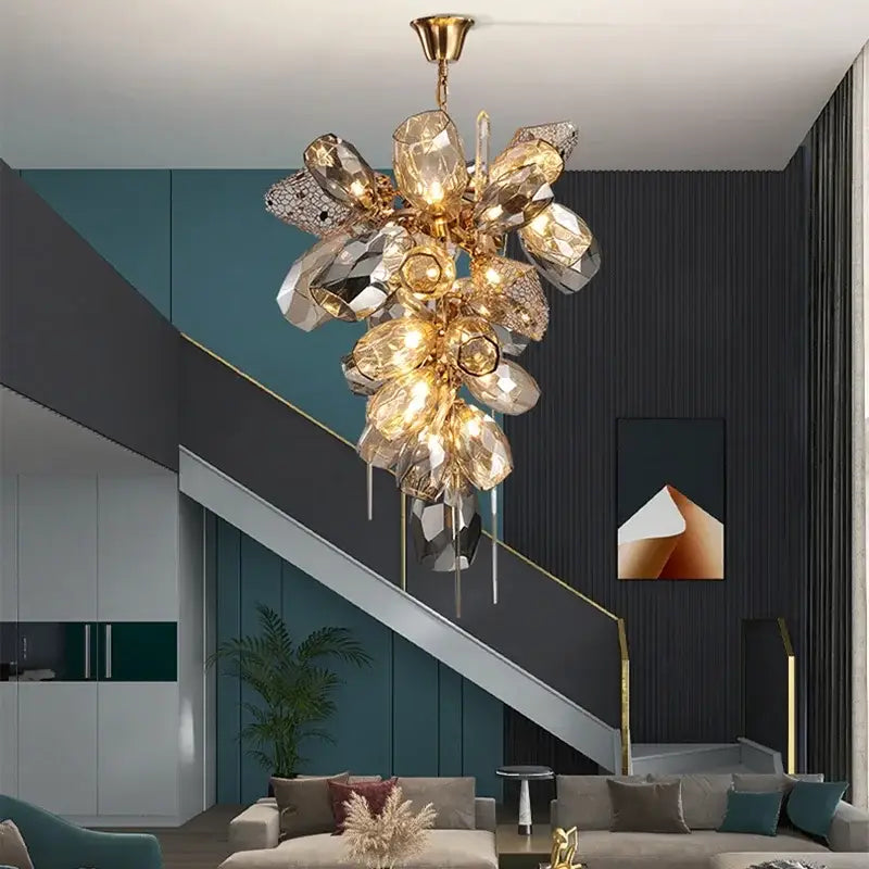 Modern gold decorbites crystal duplex chandelier with faceted crystals and metallic accents for living room lighting