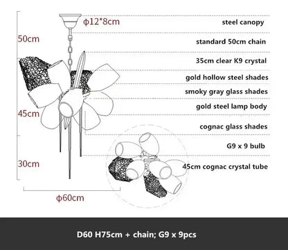 Modern gold decorbites crystal duplex chandelier with steel and smoky gray glass shades suspended by a 50cm chain